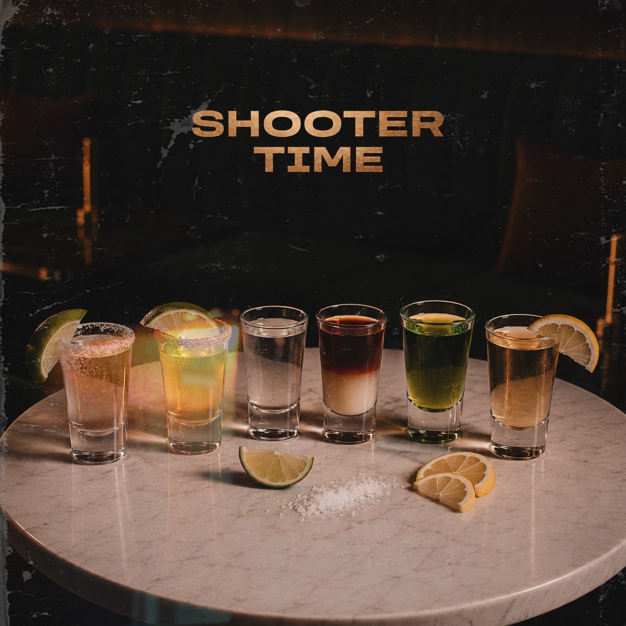 Sechs Shooter auf einem Marmortisch